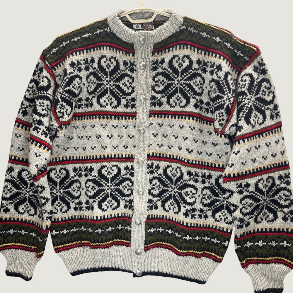 VTG Sundt Bergen Norwegian Wool Cardigan Sweater Grey Fair Isle Pewter Buttons